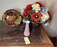 Plastic Florals, Vase & Decorative Plate on Stand