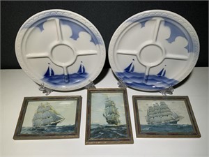 3 VTG Framed Nautical Prints & 2 Syracuse Plates