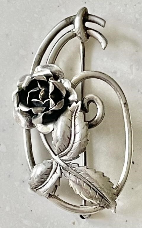 Sterling silver Deco brooch with rose