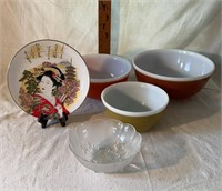 Pyrex Nesting Bowls, Ornamental Plate, Glass
