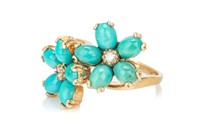 14K GOLD, TURQUOISE AND DIAMOND DRESS RING, 7.4g