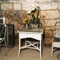 Wicker Table and Mirror, 2 Decorative Plants