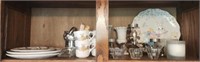 Shelf lot of misc dishes candle holders & more