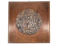 Bronze Plaque on Wood, Allegorical Scene w Nude