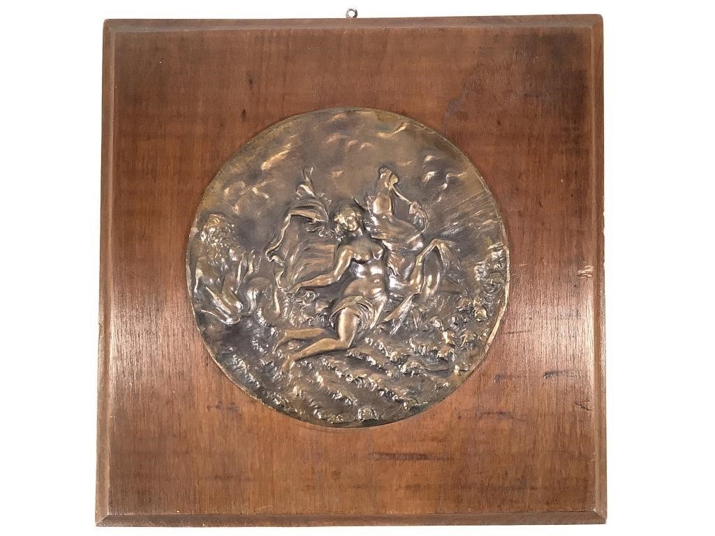 Bronze Plaque on Wood, Allegorical Scene w Nude