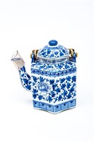 Small Blue & White Asian Teapot w/ Brass Handle