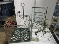 Metal milk crate, stands, candle holder