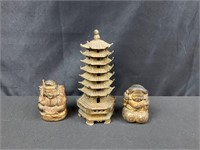 Small brass pagoda, and two small Buddhas