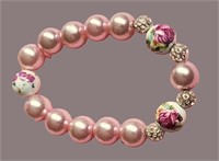 VTG HANDMADE PINK WHITE FLORAL CERAMIC BRACELET