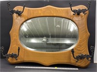 Oak Frame Beveled Glass Mirror with Cast Iron