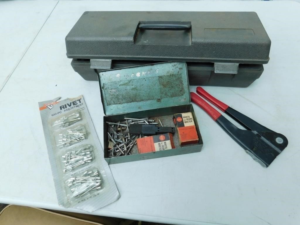 Swingline rivet tool, rivets, plastic tool box
