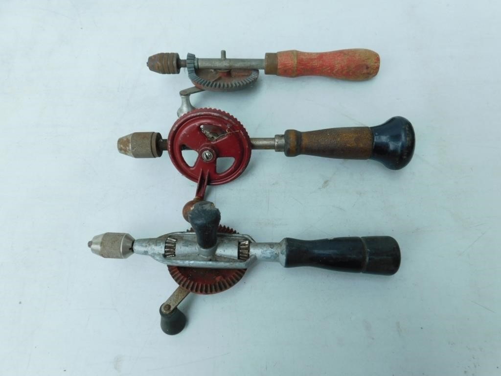 3 vintage hand drills.