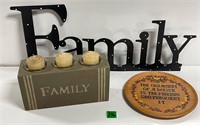 Metal Family Sign 3 Votive Wood Vtg Wood Plate