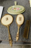 Antique beveled mirror, brush and comb set, with