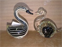 2 handblown glass bird paperweights
