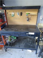 metal workbench & items in drawers