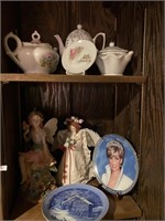 3 shelves misc figurines/Princess Diana Plate/tea