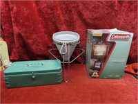 Coleman lantern, strainer, metal box.