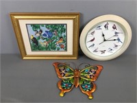 Metal Butterfly, Bird Clock & Print