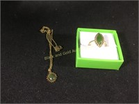 14K Woman's Ring w/ Jade-Like Stone & Necklace