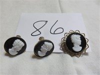 Cameo earrings and pin