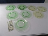 (7) 8" Depression Type Glass Green/Yellow Plates
