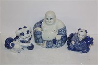 Blue & White Buddha Statue, Foo Dog &