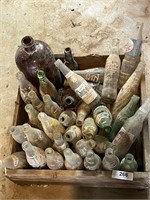 Primitive Wood Box with Glass Pop Bottles and