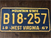 Vintage 1967 West Virginia license plate