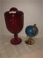 Ruby compote *lid needs repaired and small globe