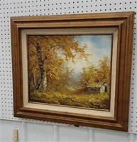 Oil on canvas fall scene and house