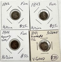 Assorted Half Dimes, 1849, 1843, 1842, 1844