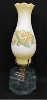 Glass oil lamp w/ milk glass hurricane, 16" all