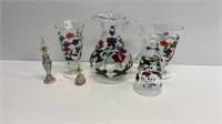 Oneida hand painted pitcher and (3) water