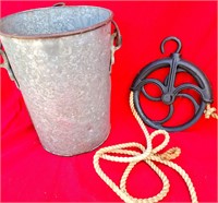 GALVANIZED WELL BUCKET & BLACK PULLEY W ROPE LOT