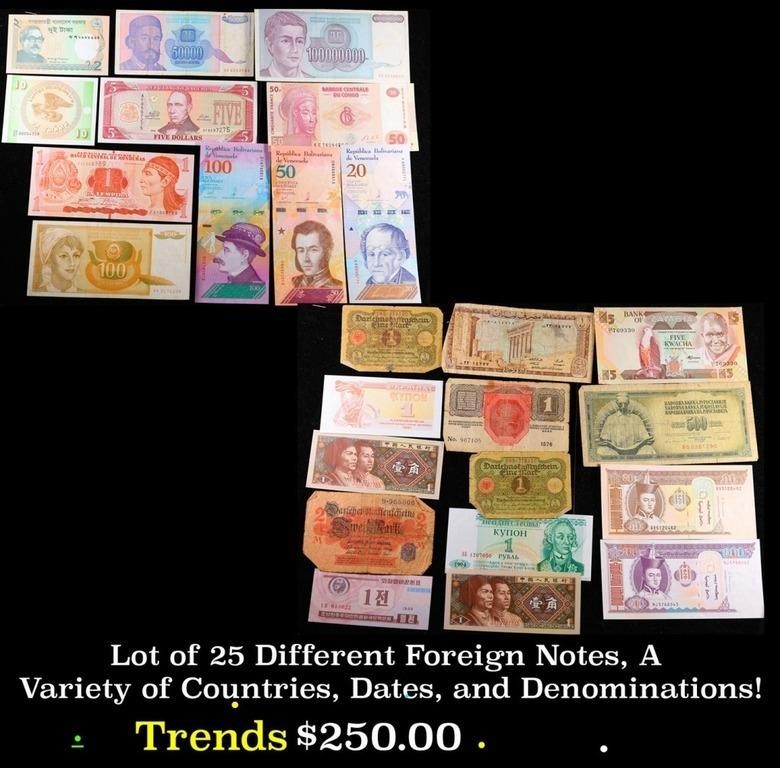 Lot of 25 Different Foreign Notes, A Variety of Co