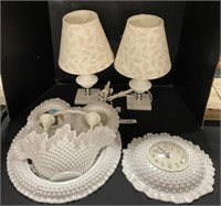 Vintage White Hobnail Lamps, Plastic Clock,