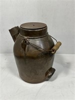 Brown ware pitcher crock with aluminum lid and spo