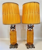FANTASTIC PAIR OF RETRO ORANGE GLASS TABLE LAMPS
