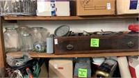 Shelf lot of tools, metal, glass, and more
