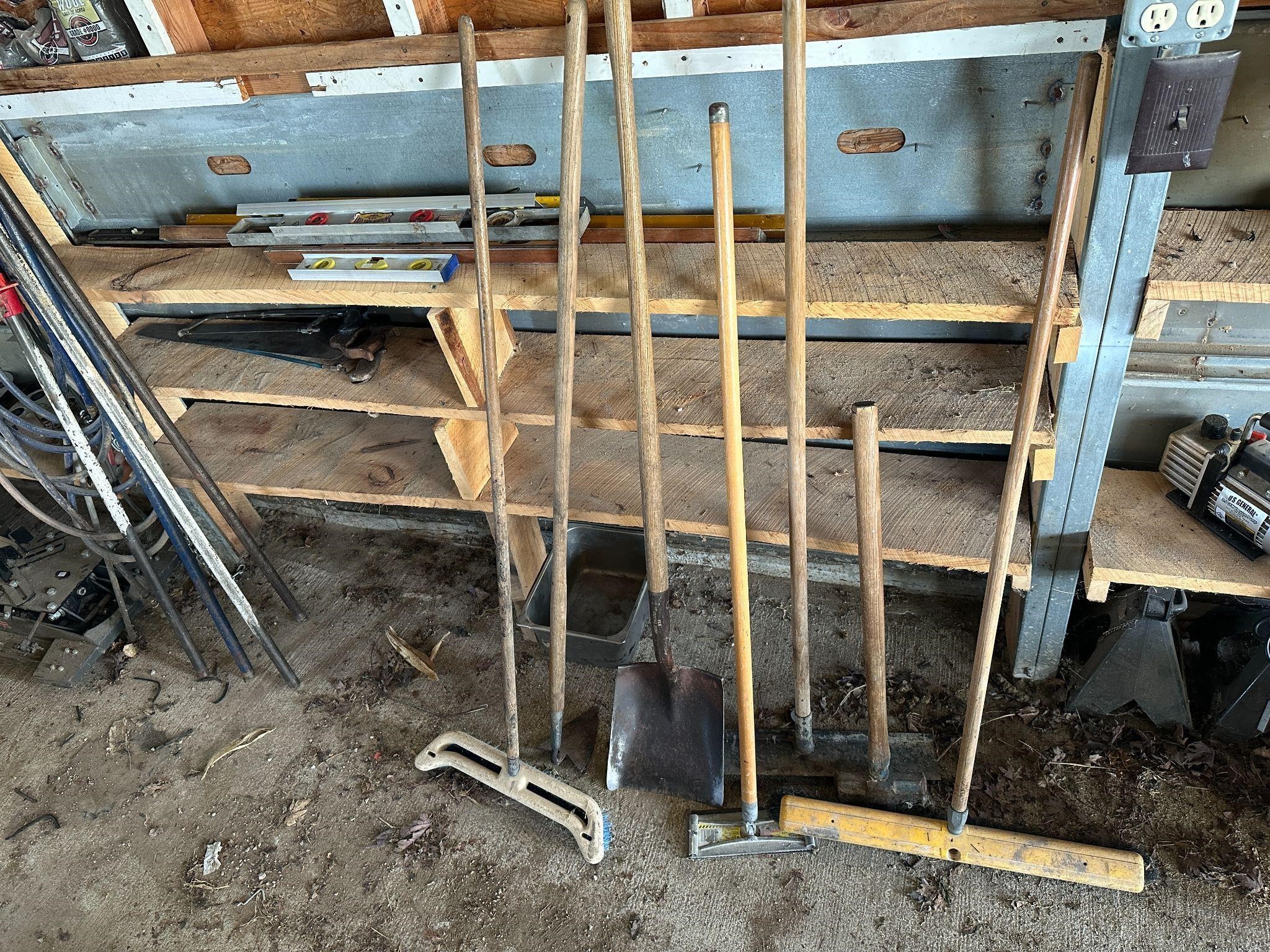 Lot Of Hand Tools Shovels, Sledge, Broom