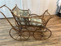 Antique Wicker Baby Buggy Cushioned