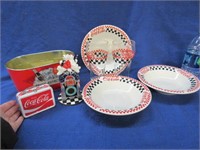 3 coca-cola gibson bowls -tins -coca-cola figurine