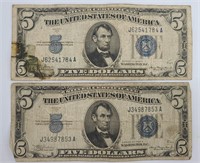Two - 1934 A US $5 Silver Certificates