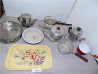 Vintage Pots, Enamelware, tray, tea pot,