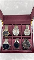 Wooden box with watch collection - some with