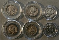 6 Mercury Dimes: 1935, 37-D, 41, 42-D, 42-S, 43