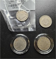 4 Liberty Head nickels:1908, 2-1908, 1911