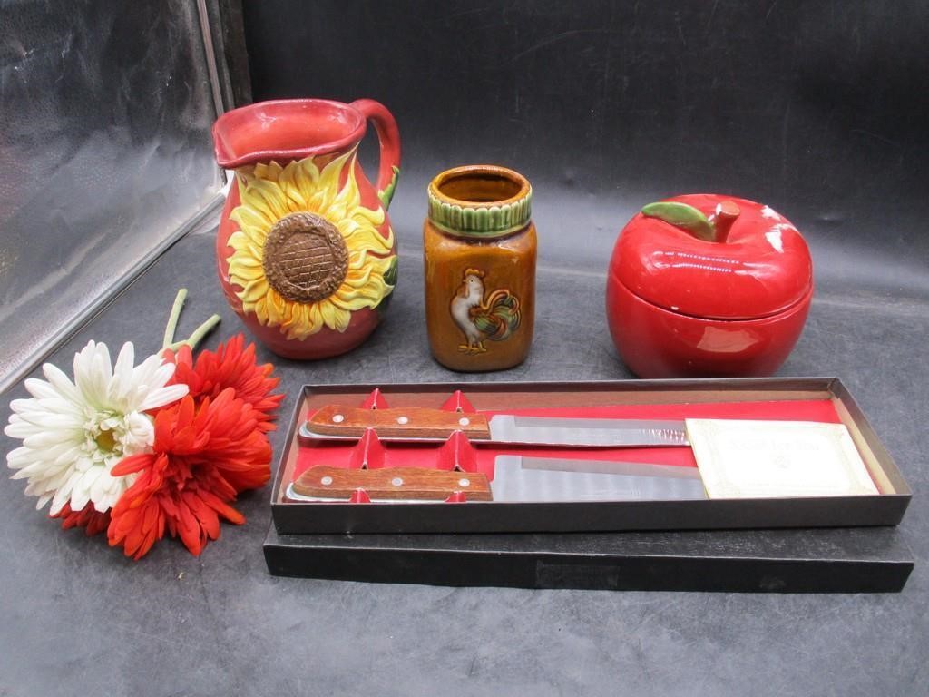 Carving Knives, Pitcher, Vase, Lidded Apple Dish