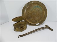 TOOLED BRASS CHARGER, JEWELLERY CASKET, ETC.